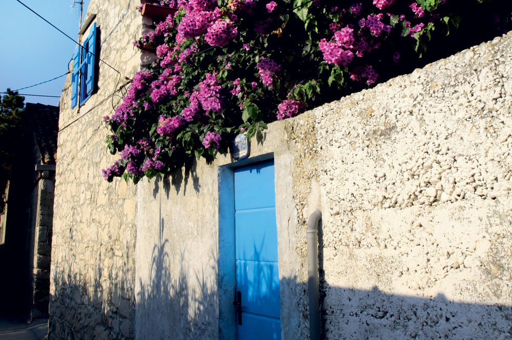 Tipična hrvaška otoška kamnita hiša z modrimi vrati in pisanim cvetjem